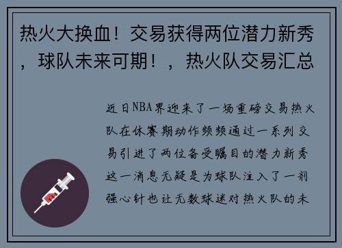 热火大换血！交易获得两位潜力新秀，球队未来可期！，热火队交易汇总
