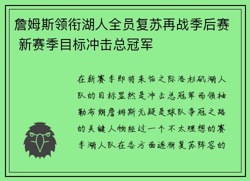 詹姆斯领衔湖人全员复苏再战季后赛 新赛季目标冲击总冠军