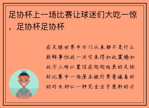 足协杯上一场比赛让球迷们大吃一惊，足协杯足协杯